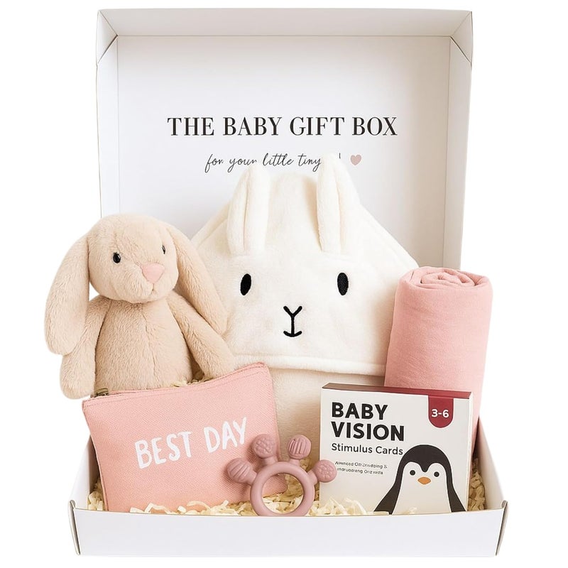 Tiny Treasures New Baby Gift Basket Set with Adorable Newborn Essentials for Baby Girl and Boy | Quality Baby Shower Gift Baskets with Soft Swaddle Blanket | Cutest Newborn Gift Set, Gift-Ready Packaging (Pink) - Image 1